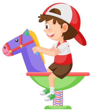 Çizgi filmci çocuk bahar sallanan at resimlerine biniyor.