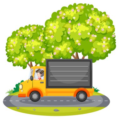 Kamyon çizimi kullanan teslimatçı hakkında basit bir karikatür.