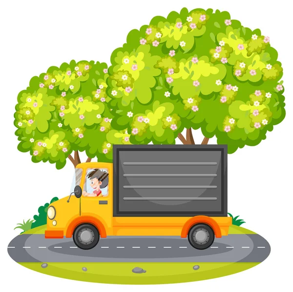 Kamyon çizimi kullanan teslimatçı hakkında basit bir karikatür.