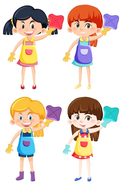 Conjunto Diferentes Quatro Meninas Roupas Limpeza Ilustração — Vetor de Stock