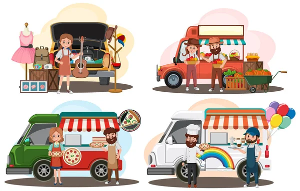 Flea Market Concept Set Different Food Trucks Illustration — Stock Vector