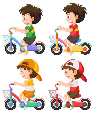 Bisiklete binen bir grup farklı çocuk izole edilmiş çizimler yapıyor.