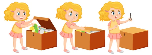 Cartoon Girl Putting His Toy Box Illustration — Stock Vector