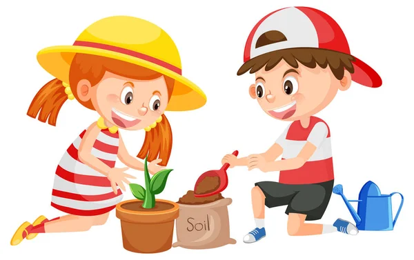 Boy Girl Cartoon Gardening White Background Illustration — Image vectorielle