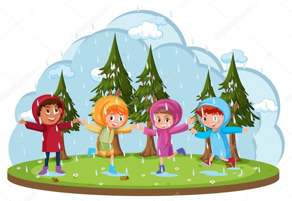Isolated outdoor park with children playing raining illustration