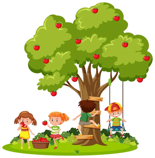 Niños Jugando Bajo Ilustración Del Árbol — Vector de stock