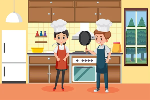 Two Chefs Working Kitchen Illustration — Stock Vector