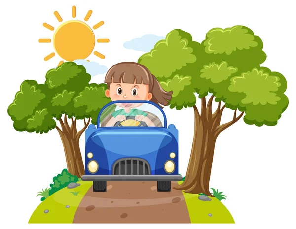 Araba kullanan tatlı kız çizgi film çizimi