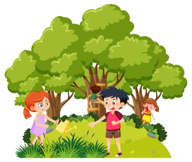 Parkta bahçıvanlık yapan mutlu insanlar.