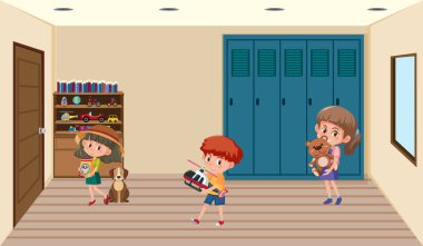 Çocuklar oyuncaklarını oda sahnesinde tutuyorlar.