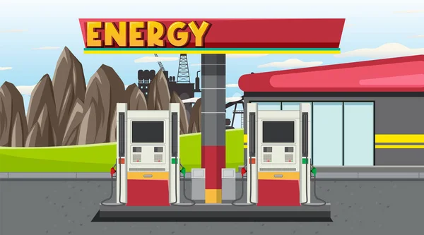 Gas Station Cartoon Scene Illustration — Stock Vector