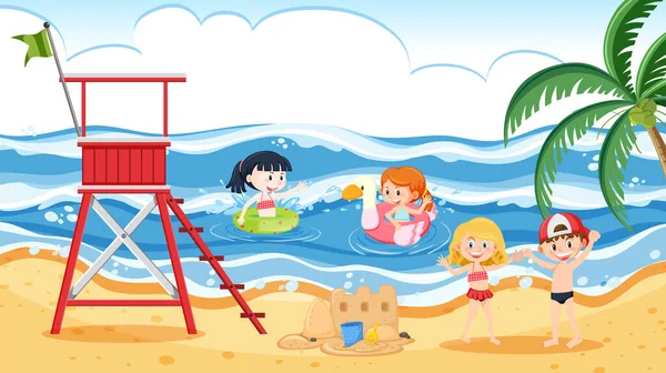 Kinder Strand Den Sommerferien Illustration — Stockvektor