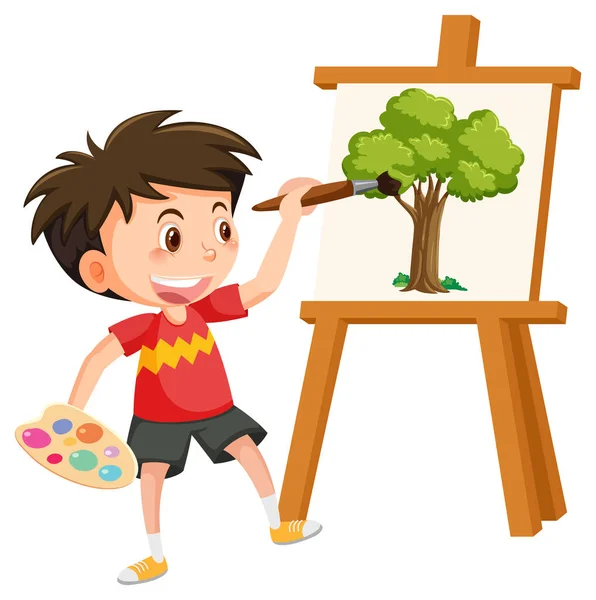 Söt Pojke Målning Duk Illustration — Stock vektor