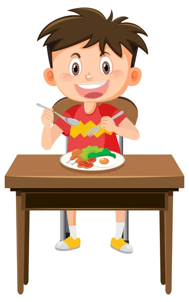 Szczęśliwy Chłopiec Jedzenie Zdrowe Śniadanie Ilustracja — Wektor stockowy