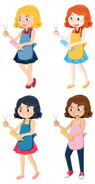 Elinde makas çizimi olan farklı kuaförler.