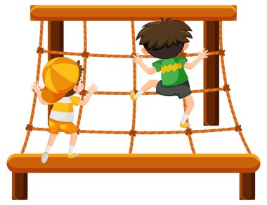 Çocuklar halat duvara tırmanıyor.