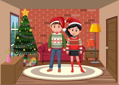 Ev illüstrasyonundaki insanlarla Noel teması