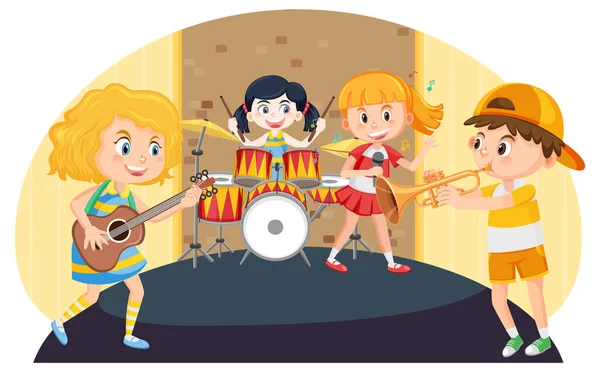 Los Niños Practican Ilustración Bandas Musicales — Vector de stock
