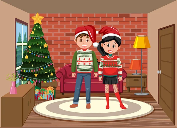 Ev illüstrasyonundaki insanlarla Noel teması
