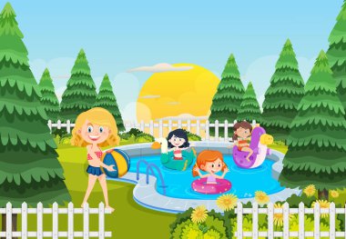 Çocuklar evin arka tarafındaki havuzda uyanıyorlar.