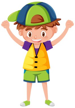 Çizgi film tarzında sarı can yeleği giyen küçük çocuk.