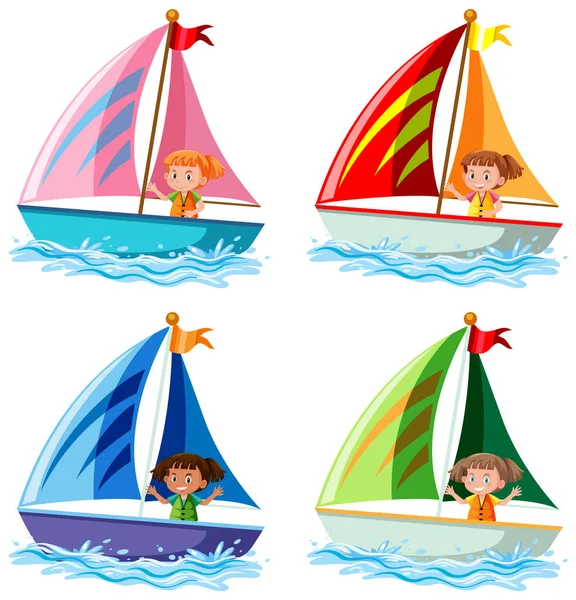 Different Kids Sailboats Cartoon Style Illustration — Vettoriale Stock