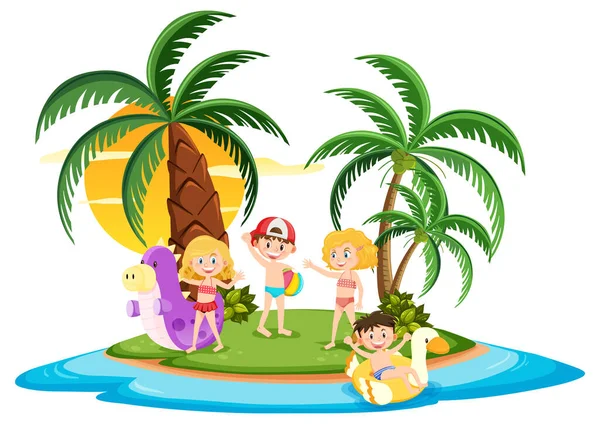 Bambini Che Nuotano Nel Mare Sull Isola Illustrazione — Vettoriale Stock