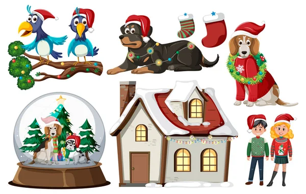 Χριστουγεννιάτικο Σετ Σπίτι Και Ανθρώπους Εικονογράφηση — Διανυσματικό Αρχείο