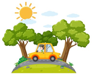 Yol çiziminde araba süren basit bir adamın karikatürü.