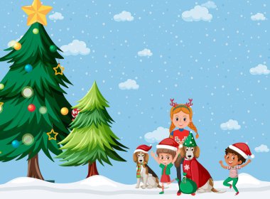 Kar resimlerinde çocukların olduğu Noel teması