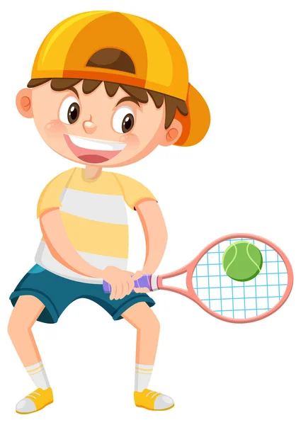 Cute Boy Tennis Player Cartoon Illustration — Stock Vector