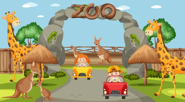 Niños Felices Ilustración Del Zoológico — Vector de stock