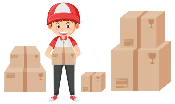 Courier Man Carrying Carton Box Cartoon Illustration — Stock Vector