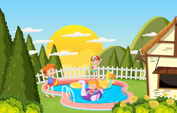 Kinder Schwimmen Pool Hinteren Teil Des Hauses Illustration — Stockvektor