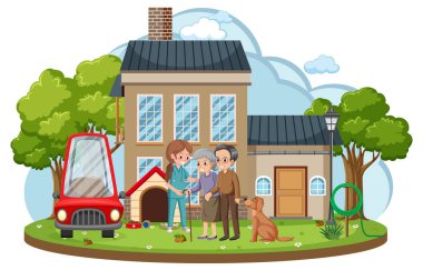 Ev illüstrasyonunun önünde bakıcı olan yaşlı çift.