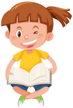 Çizgi film stili resimlerle kitap okuyan mutlu bir kız.