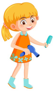 Beyaz arkaplanda kuaför aletleri tutan bir kız.