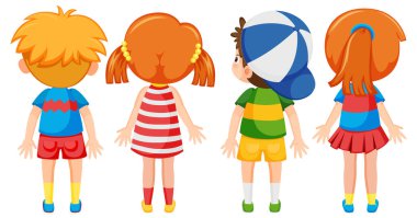 Küçük çocukların arkasında çizgi film karakterleri çizimi