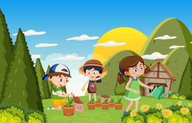 Parkta bahçıvanlık yapan mutlu insanlar.