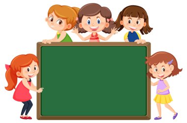 Boş karatahtayla izole edilmiş şirin çocuklar.