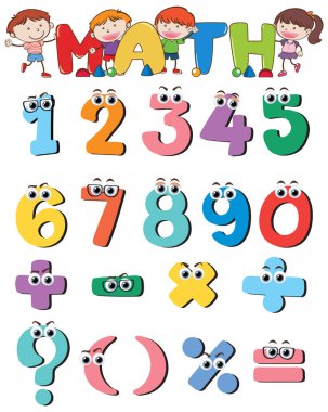 Çocuk resimlemesi için 0 'dan 9' a kadar saymak ve matematik sembolleri