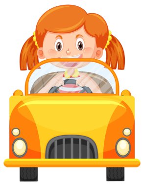 Araba kullanan tatlı kız çizgi film çizimi