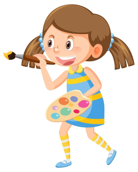 Cute Girl Gospodarstwa Szczotki Palety Kolorów Ilustracja — Wektor stockowy