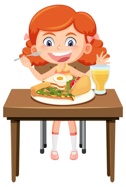 Happy Girl Aime Manger Nourriture Sur Illustration Table — Image vectorielle