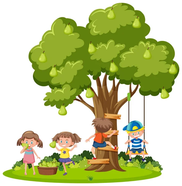 Діти Грають Під Ілюстрацією Дерева — стоковий вектор