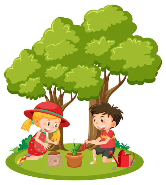 土鍋に植える子供たちのイラスト — ストックベクタ