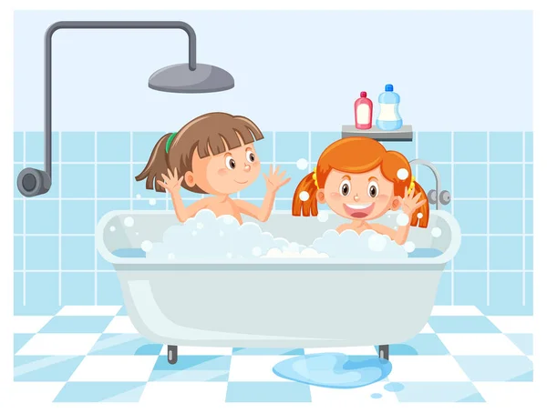 Enfants Heureux Dans Illustration Baignoire — Image vectorielle