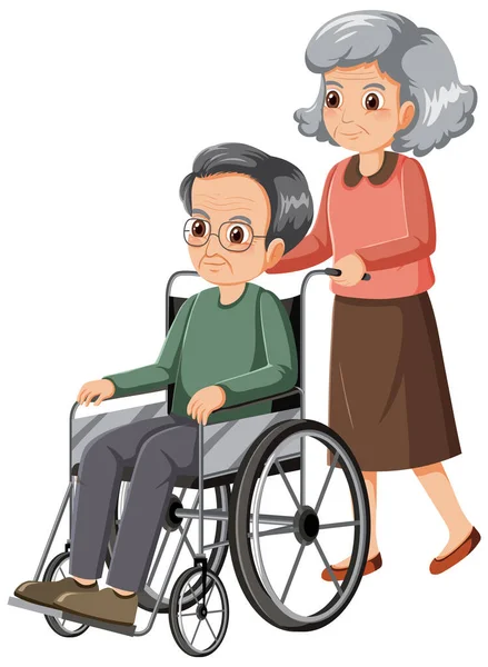 与丈夫坐在轮椅上的老年妇女 — 图库矢量图片