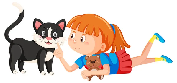 Ein Mädchen Spielt Mit Süßer Katze Illustration — Stockvektor