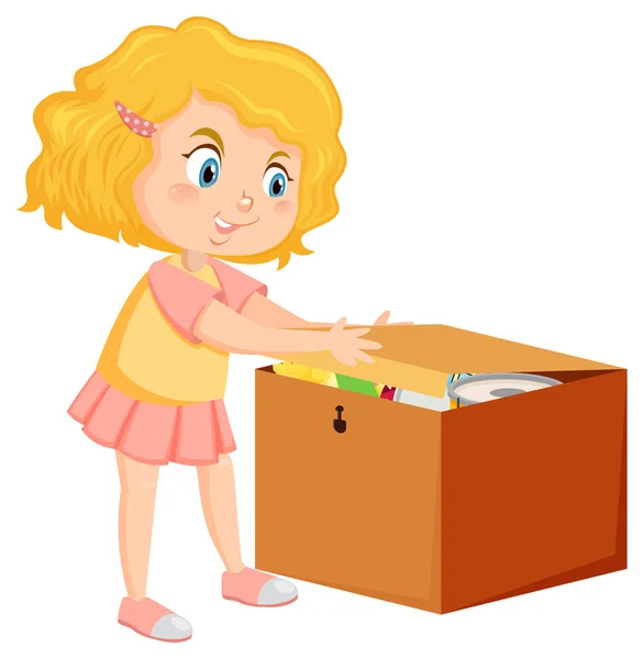 一个女孩把她的玩具放进盒子里 — 图库矢量图片